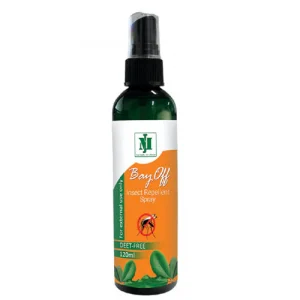 A tall, dark green plastic bottle of "Bay Off Insect Repellent Spray" with a black pump nozzle and a clear plastic cap. The front label features a white upper section with a green logo containing the letters "N" and "M." The main body of the label is vibrant orange, featuring the product name "Bay Off" in a white script font, followed by "Insect Repellent Spray." A graphic of a mosquito inside a red circle with a slash through it is prominently displayed in the center. The bottom of the label has a green section that states "DEET-FREE" and "120ml," accompanied by an illustration of green leaves