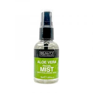 A clear plastic bottle of Beauty Formulas Aloe Vera Facial Mist with a black spray pump and a transparent cap over it. The bottle's main label features a black upper band displaying the "BEAUTY FORMULAS" brand logo, while the lower portion is bright green. The text on the green section reads "ALOE VERA FACIAL MIST WITH HYALURONIC ACID" in bold white letters, with the volume specified at the bottom as "50ml e 1.69 fl.oz