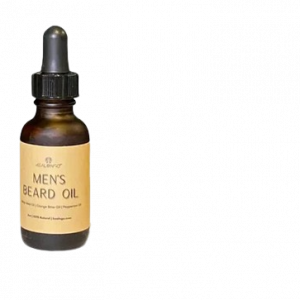 A small, amber glass bottle with a dropper cap sits on a black background. A light brown label on the bottle reads "HEAL-N-GO" at the top, followed by "MEN'S BEARD OIL" in large letters. Below this, smaller text lists ingredients such as "Coconut Oil (fragmented), Jojoba Oil, Hemp Seed Oil, Tea Tree Oil, Orange Bitter Essential Oil, and Peppermint Essential Oil." At the very bottom, it states "100% Natural | healngo.com".