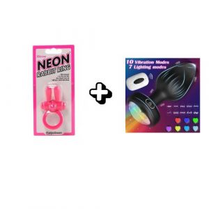 Neon Rabbit Cock Ring & Vibrating Anal Plug 10 Speed w/ LED Lights