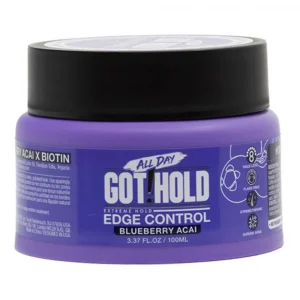 A single jar of All Day Got Hold Extreme Hold Edge Control in the Blueberry Acai formula, shown at a slight angle on a plain white background. The jar is vibrant purple with a black screw-on lid and a blue label. Key text on the label highlights "Blueberry Acai," "2.02 FL. OZ. / 60ML," and features icons for "Hold Level 8," "Flake-Free," "Strengthening," and "Superb Shine.