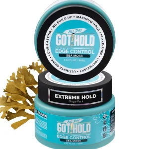 Two jars of All Day Got 2 Hold Extreme Hold Edge Control with Sea Moss stacked on top of each other against a white background. The teal and black packaging highlights product features such as "Maximum Hold," "Flake-Free," "No Build Up," and "Ultimate Shine," with a small graphic of gold sea moss pictured to the left