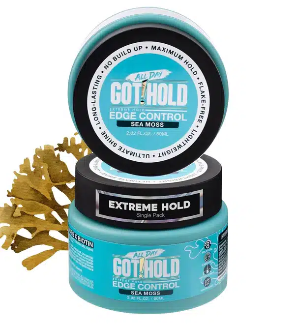 Two jars of All Day Got 2 Hold Extreme Hold Edge Control with Sea Moss stacked on top of each other against a white background. The teal and black packaging highlights product features such as "Maximum Hold," "Flake-Free," "No Build Up," and "Ultimate Shine," with a small graphic of gold sea moss pictured to the left